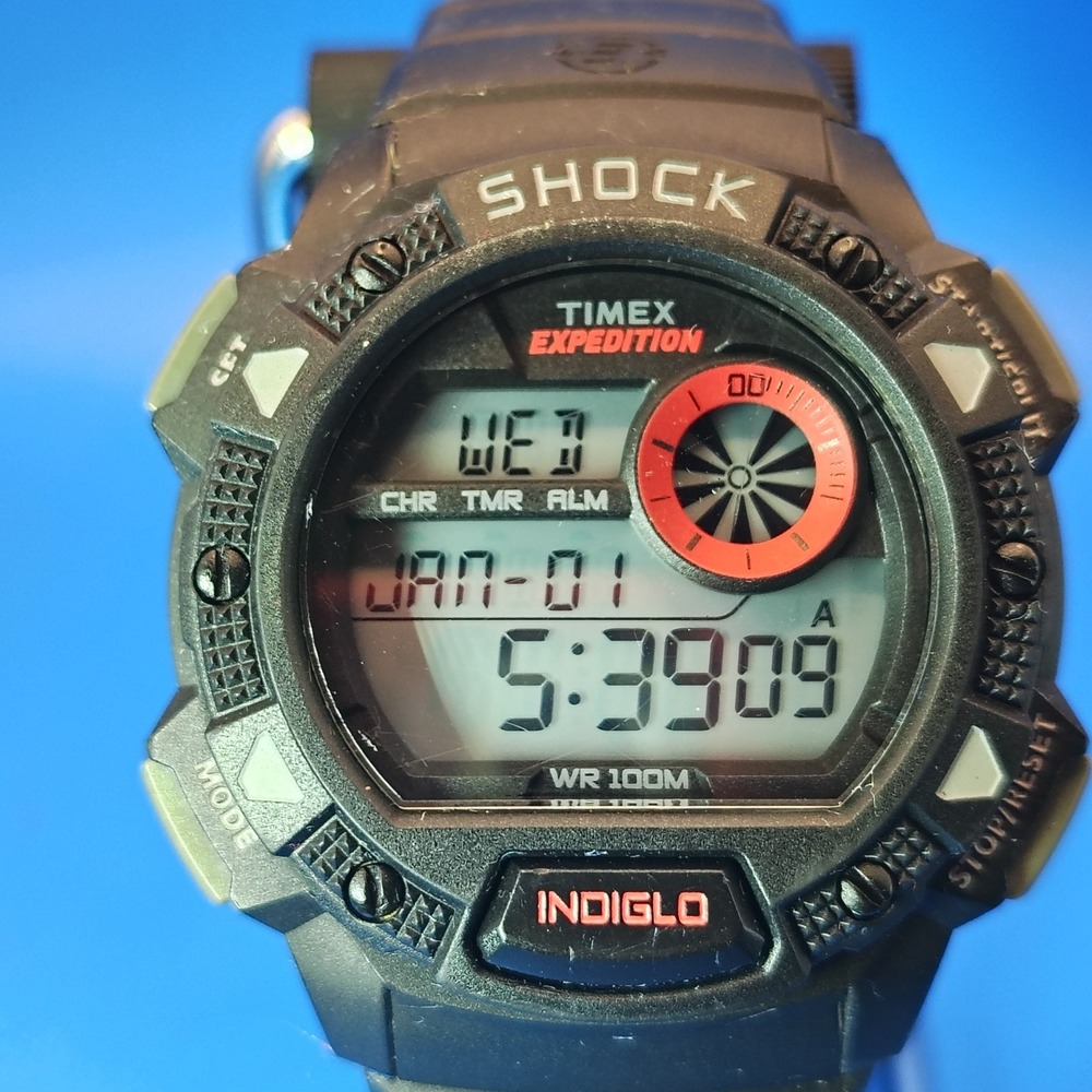 Vintage 2000 Timex‎ Expedition Indiglo Shock Y2K 42mm Mens Quartz Digital Watch